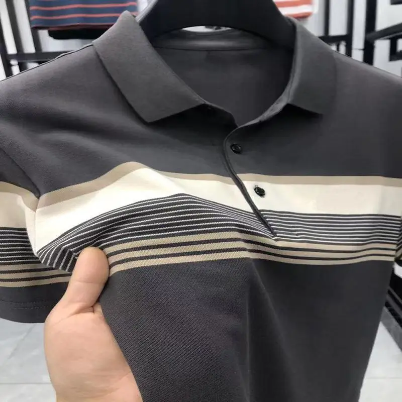 

Summer Cotton Korean Smart Casual Short Sleeved Polo Shirt Men Patchwork Panelled Print Striped Lapel Button Loose Versatile Top