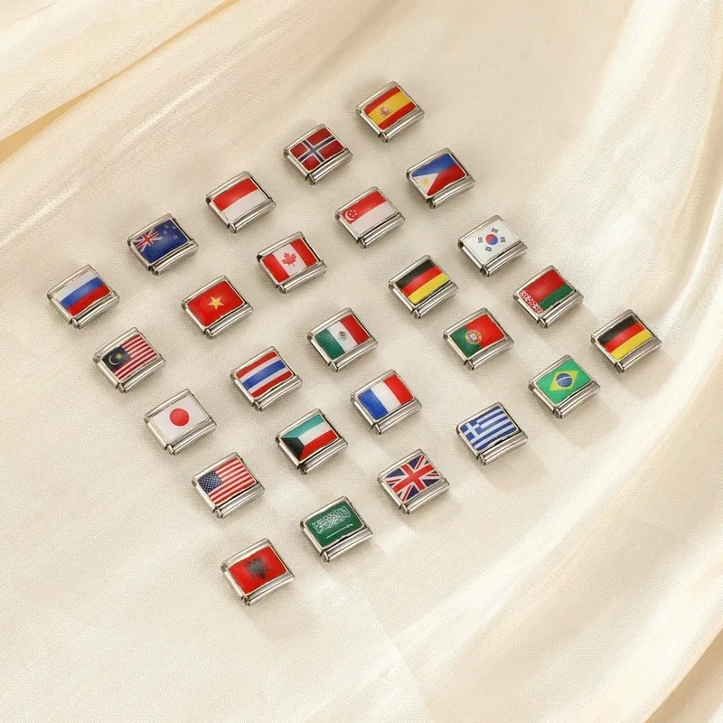 New 2026 World Flags Drop Oil Italian Charm Link fit 9mm Stainless Steel Making DIY Italian Charm Bracelet Women Men Jewelrys