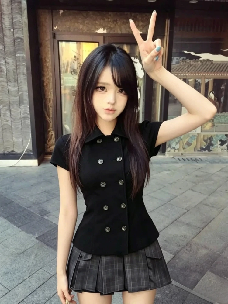 Hot Girl Summer Y2K Harajuku Retro Sweet Two Piece Set Women's Clothes Fashion Plaid Short Sleeve Shirt High Waist Pleated Skirt image 2