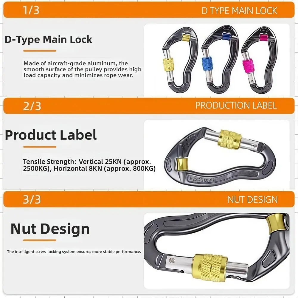 Aluminum Alloy Rock Climbing Carabiner with Pulley Wheel Threaded Lock Carabiner Clip 25KN Tension Safety Lock Camping Keychain