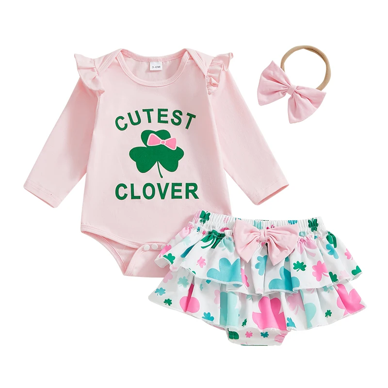 Baby Girl Irish Outfits Clover Letter Print Crew Neck Long Sleeve Romper Ruffles Shorts Headband 3Pcs Clothes Set