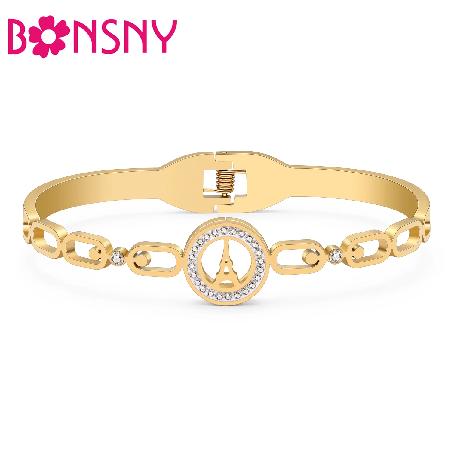 

Bonsny Stainless Steel Gold-plated Eiffel Tower Bangles Hollow Out Cuff Bracelets For Women Ladies Trendy Jewelry Gifts