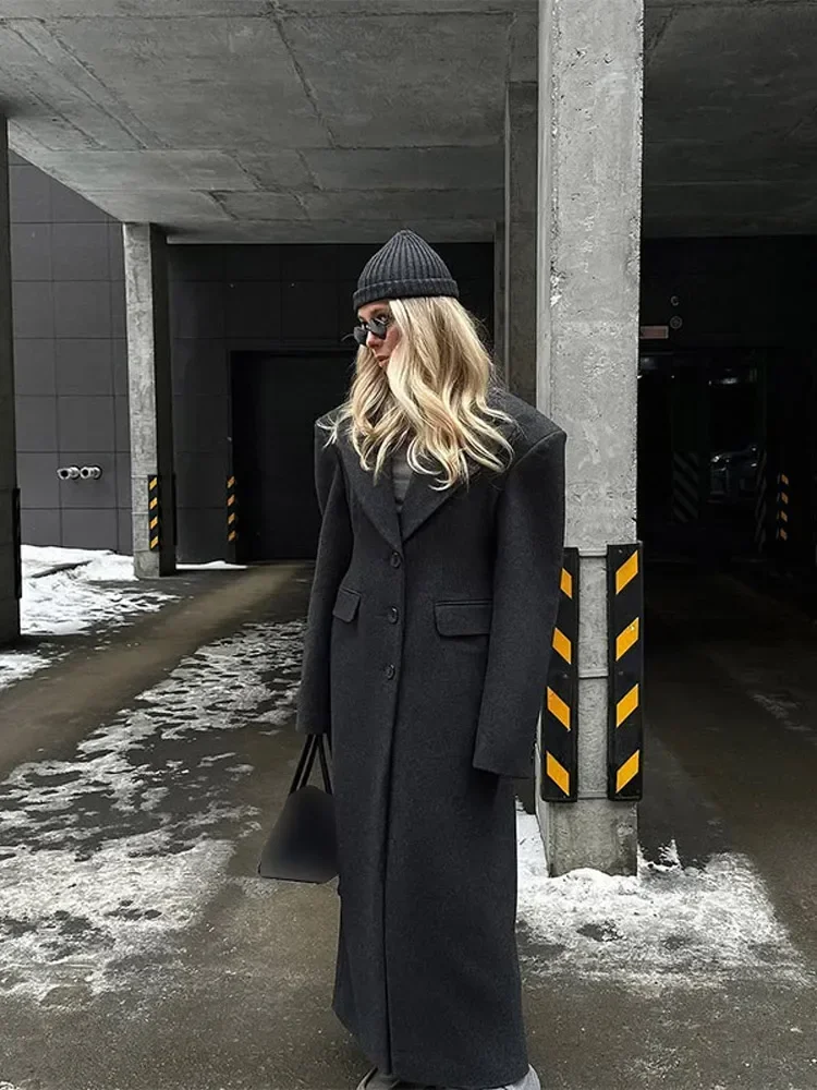 

﻿ Solid Grey Ankle-length Cinching Waist Lapel Single Breasted Padded Woolen Coat Women Slim Overcoat 2026 Fashion Winter Wears