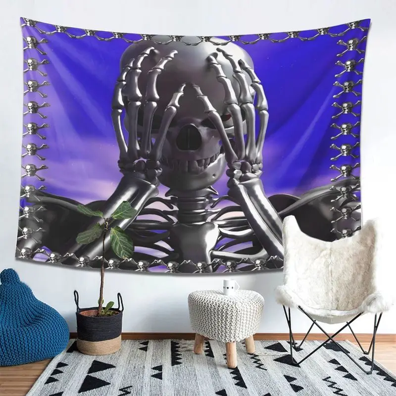 VIKAMA Y2K Gothic Skeleton Tapestry Metal Skull Chain Frame Dark Cool Smooth Fabric For Rock Cave Bedroom Wall Decor