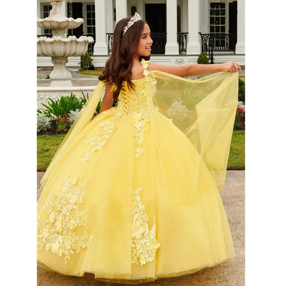 Robe de demoiselle d'honneur en tulle de luxe jaune, appliques de mariage, robe de Rhde première communion, princesse gonflée et brillante, fête d'anniversaire