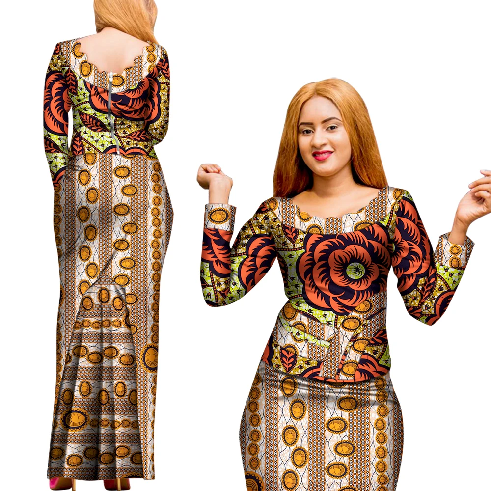 2 Pcs Skirt and Top Set African Clothes for Women African Print Women Long Sleeve Blouse and Long Skirt Ankara Outfit WY8008