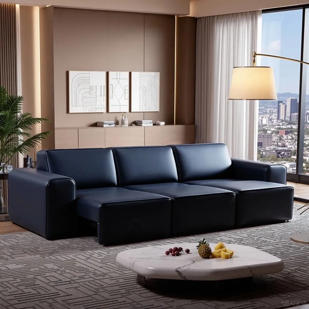 LMM Italian minimalist large black cow leather sofa living room electric telescopic function sofa push bed