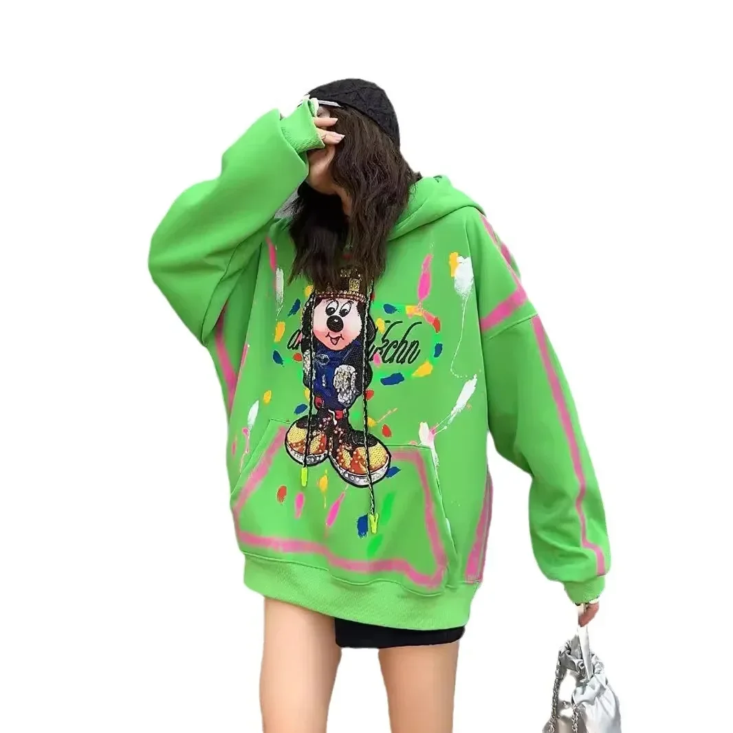 Fashion Cartoon Beads Rhinestones Color-Contrasting Stripe Oversized Hooded Sweatshirts Women Autumn Mid-Length Loose Hoodies