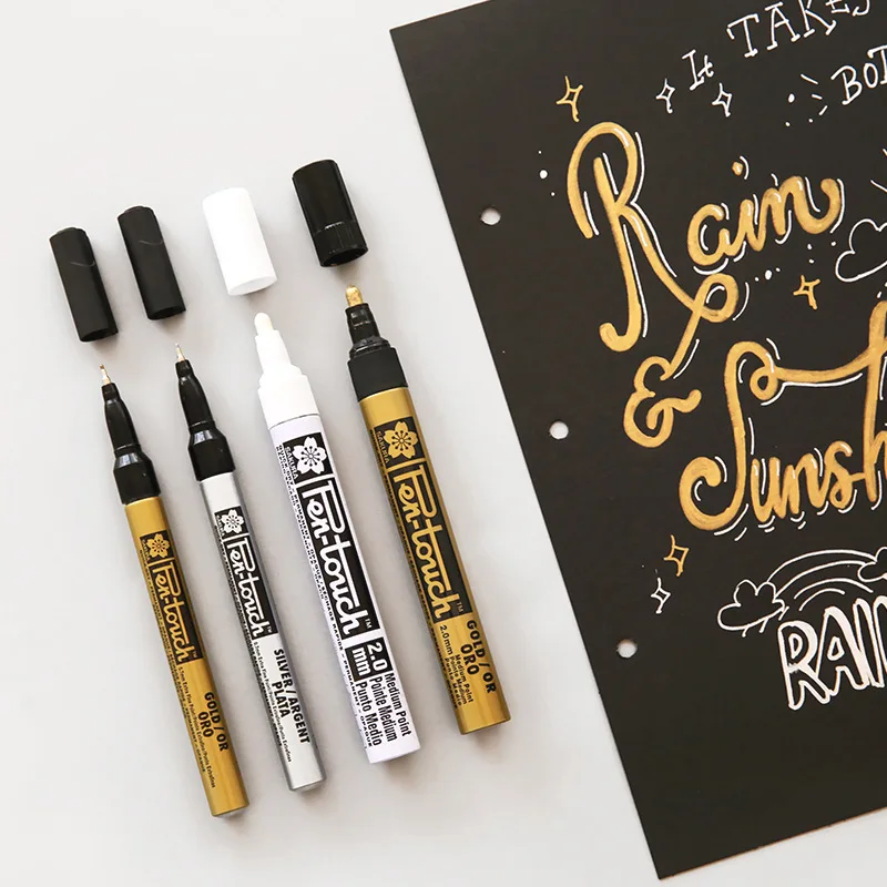 0.7/1.0/2.0mm Student Sketch Graffiti Art Markers Hook Liner Pen Silver Gold Permanent Metallic Marker Pens Japanese Stationery