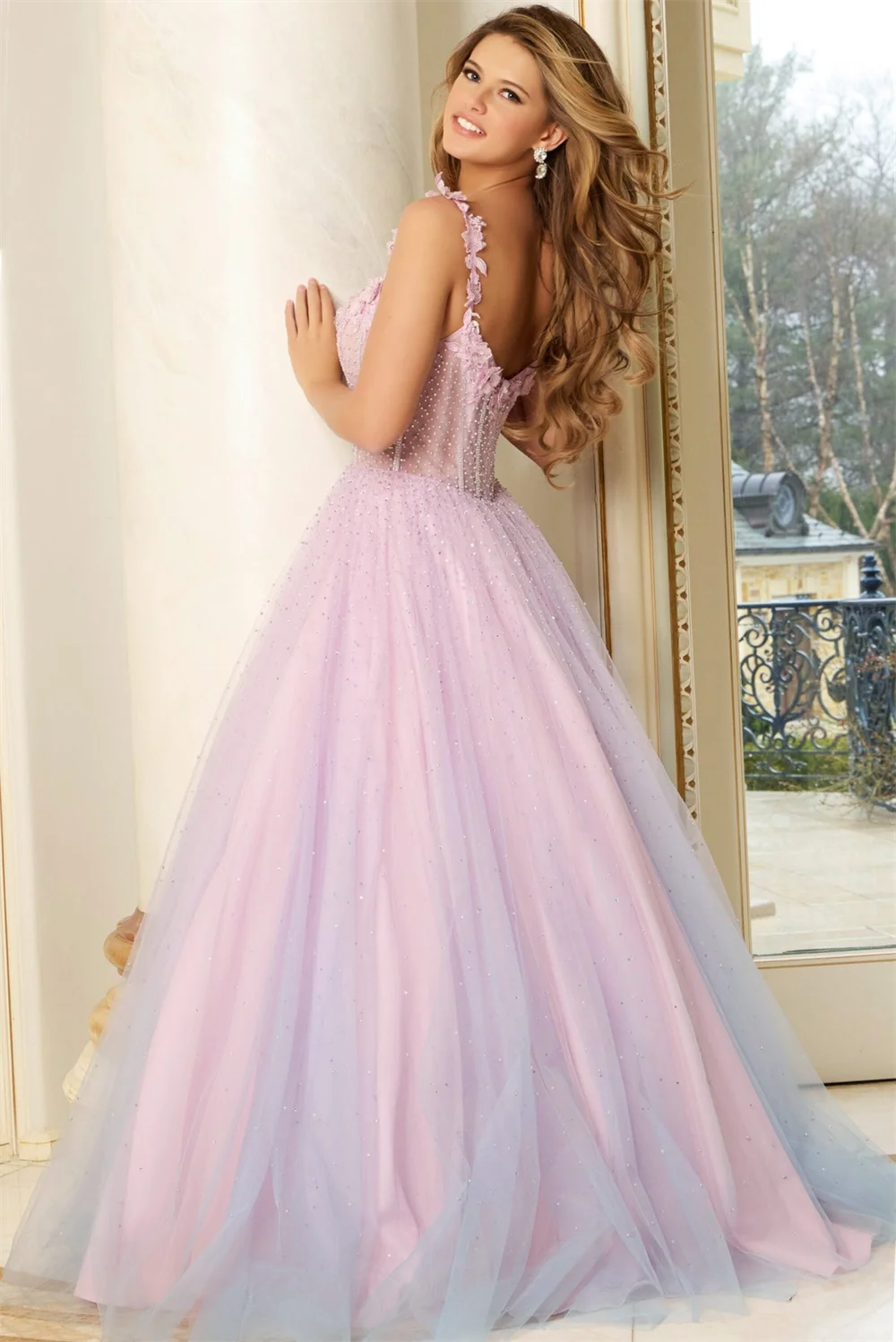 Customized Dreamy Gradient Tulle Evening Dress Sweetheart 3D Floral Straps Beaded Corset A-Line Silhouette Formal Prom Gown