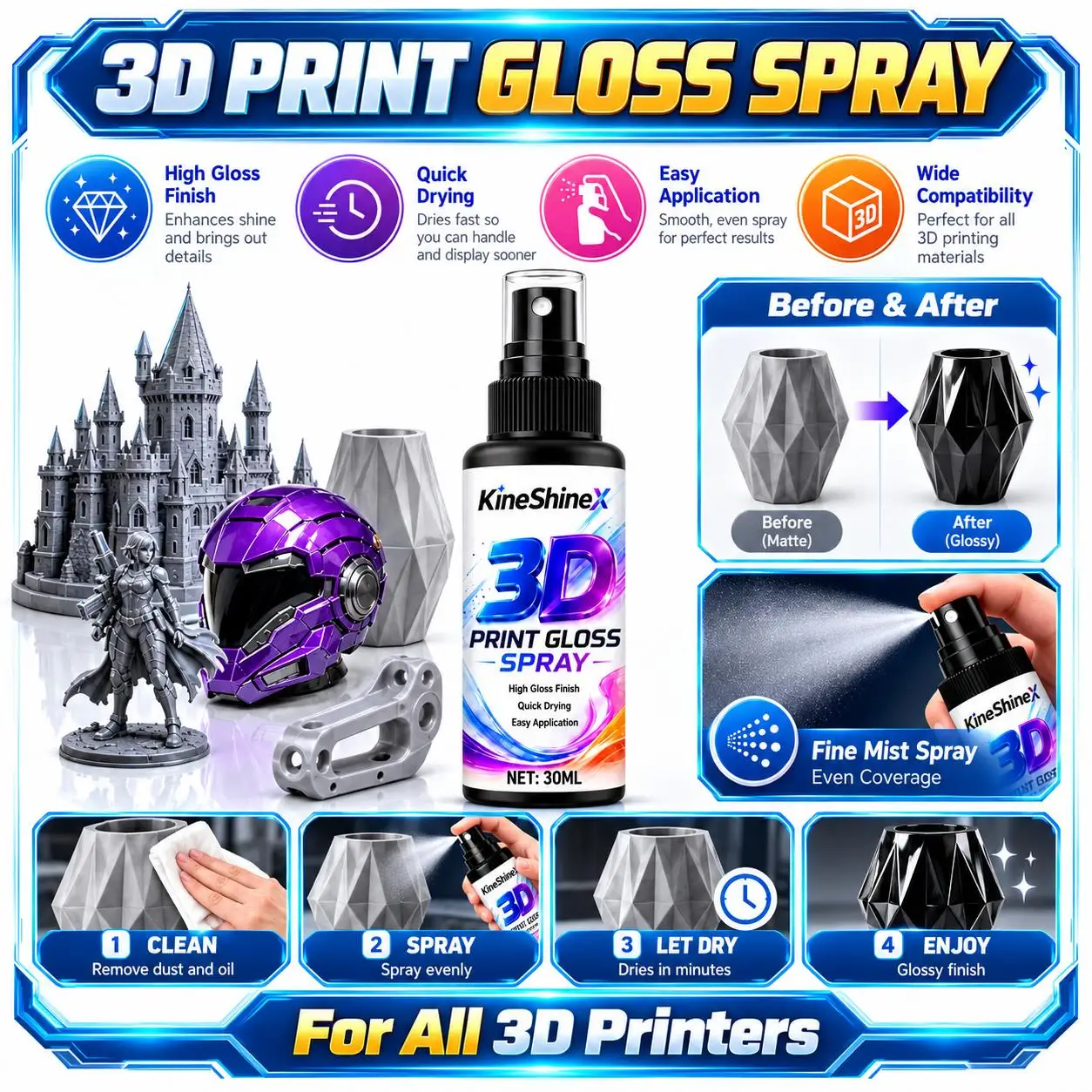 3D Print Gloss Spray Polishing Finishing Liquid, High Shine Coating for PLA ABS PETG Resin Printed Models & Handicrafts