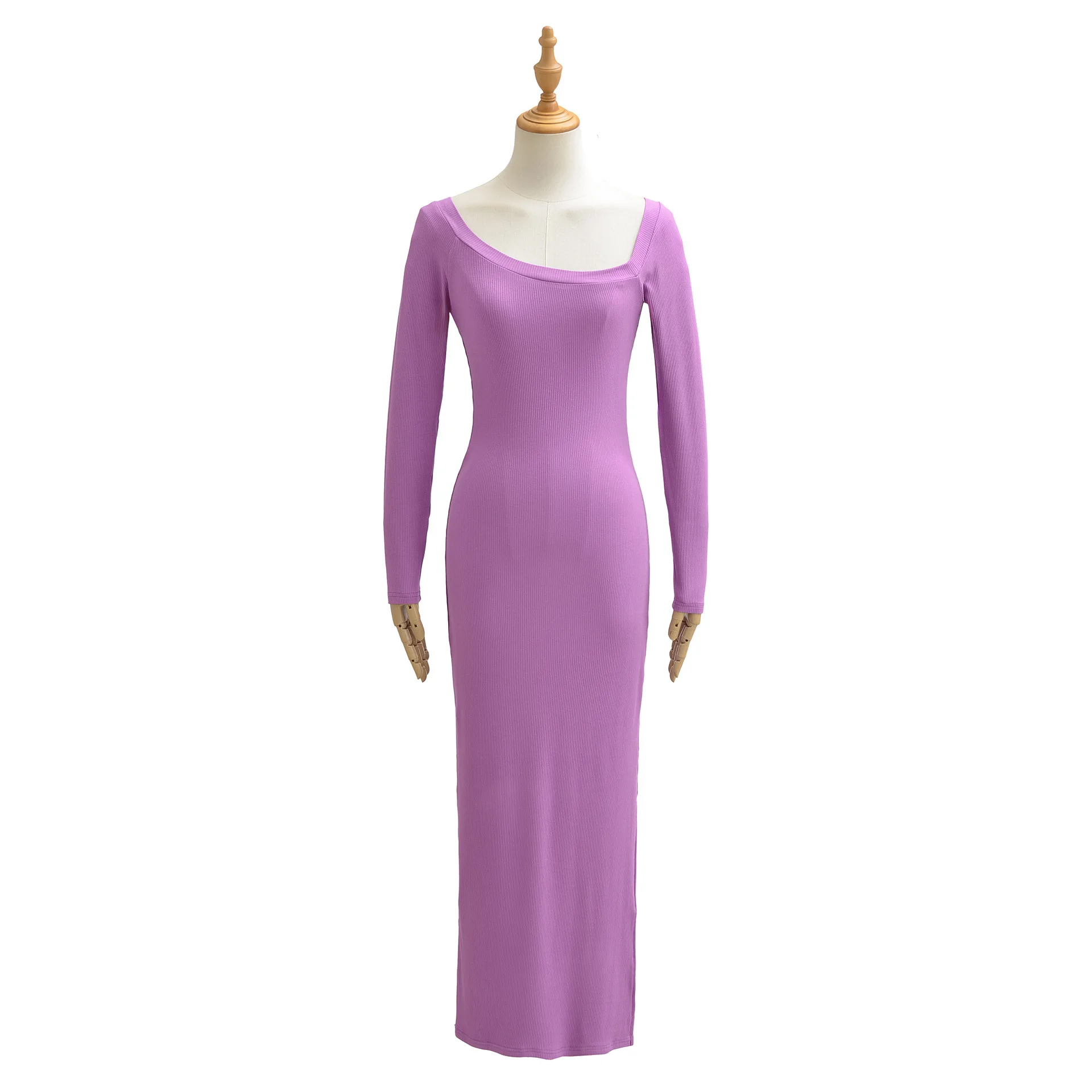 Vestido Acanalado para Mujer con Cuello Cuadrado, Manga Larga, Ajustado, Suave, Elástico, Casual, Sexy, con Hombros Descubiertos, Vestido Bodycon de Manga Larga FUZE