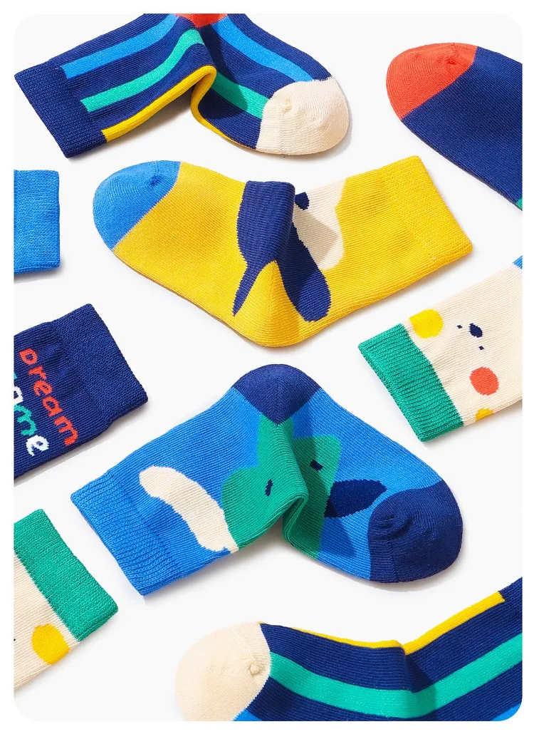 5 Paar Kinder-Crew-Socken in Kontrastfarben, 2-12 Jahre, Baumwollsocken für Jungen, weich, atmungsaktiv, Kinder-Mittellangsocken – Detail 2