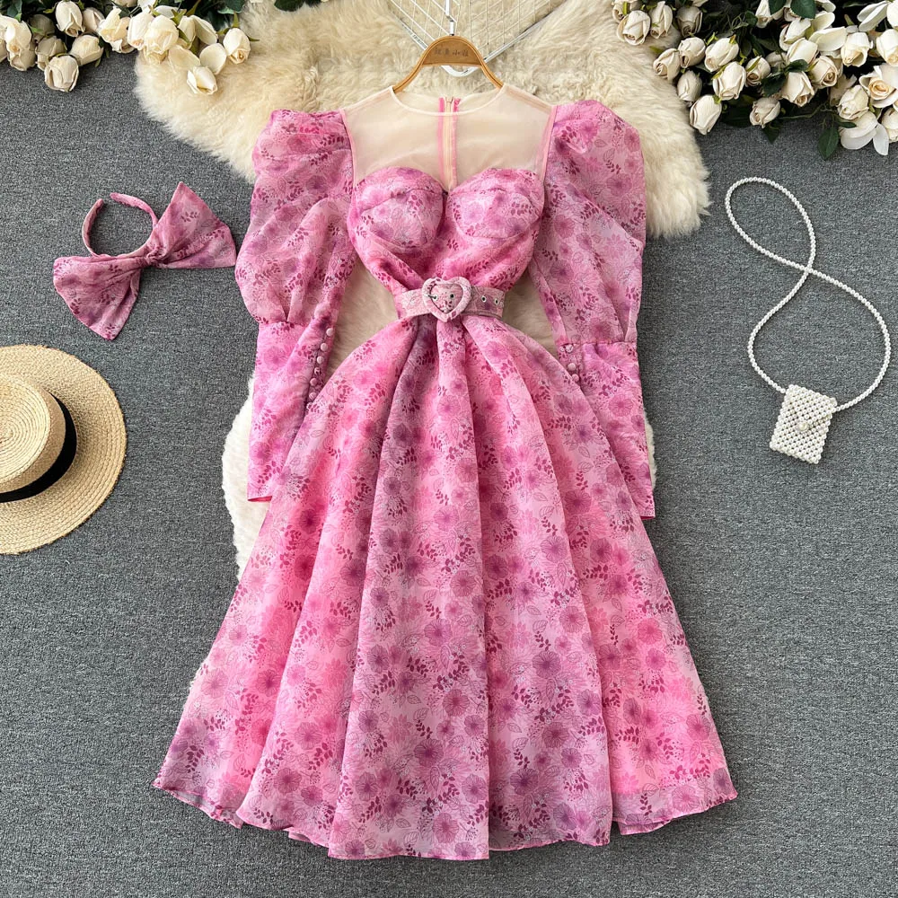 

Palace Style Gauze Patchwork Bubble Sleeve Dress 2023 Summer Women's Dress with Waist Closing and Beautiful Floral Long Skirt