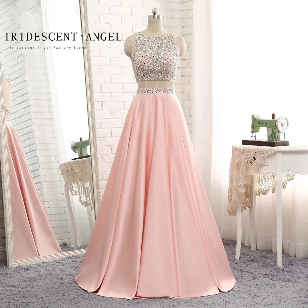 

Iridescent Fashion Satin 2 Pieces Long Evening Dresses Vestidos De Festa Beads Floor-Length Abendkleider Formal Prom Party Gowns