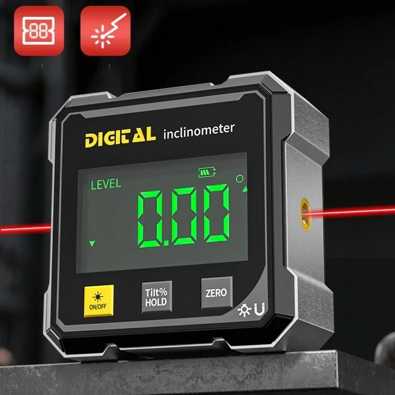 Laser Digital Inclinometer, 4‑Side Magnetic Electronic Level Box LCD Backlight 360° Protractor Angle Gauge Woodworking Measuring