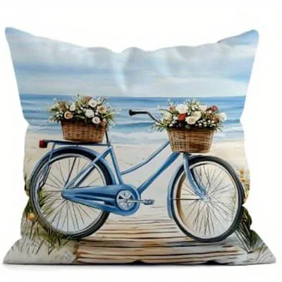 Home Decor Beach Scenes: Bicycle, Lighthouse, Chair Decor Pattern Cushion Cover Suitable for Sofa Bedroom Car Pillow Cover