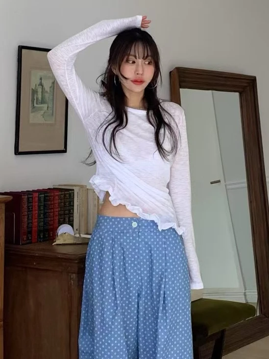 

Asymmetric Hem T-irt Women's round Ne Pleated Slimming Waist Sweet Wood Ear Boting Top Korean Sle Commute Cotton Lon...