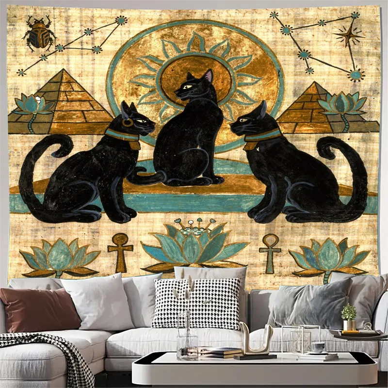 Bohemian Cat Zodiac Tapestry Wall Hanging Mystical Black Cat Egyptian Pyramids Celestial Astrology Boho Style Home Decor Art Pri