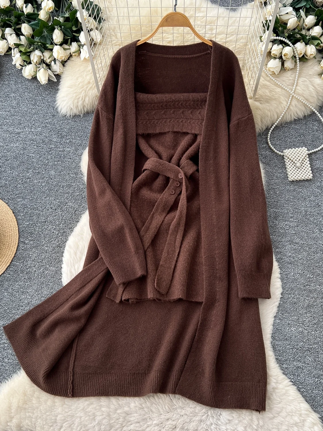 Minimalist Knitted Cardigan And Dress Two-Piece Set for Women Slimming Belted Versatile Commute Suitable Autumn Fashion Set