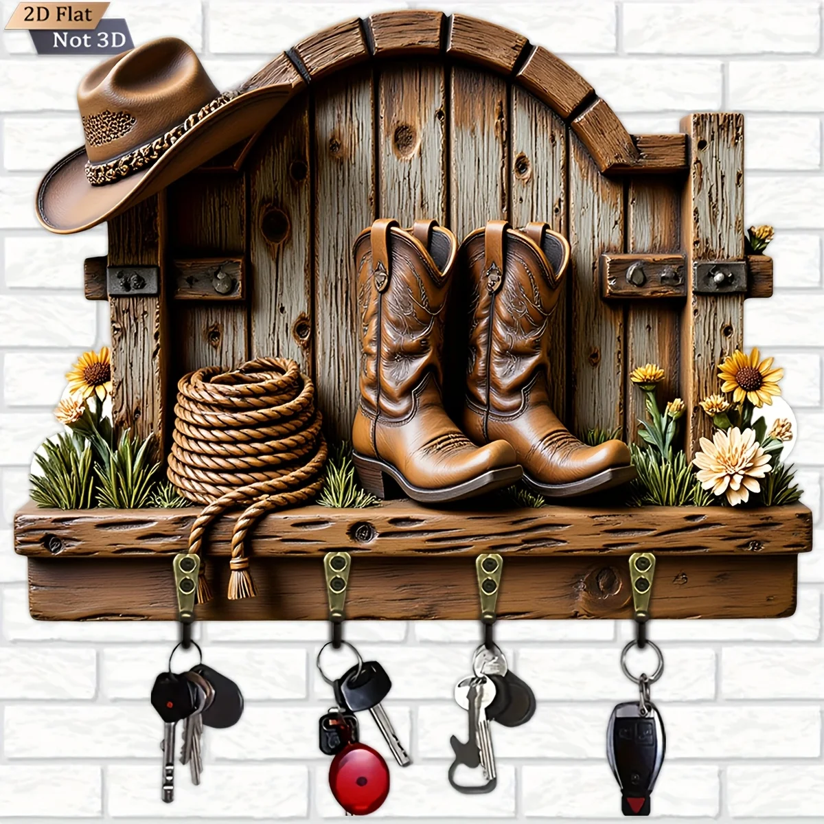 2D Flat, 1pc, Western Cowboy Style Wooden Key Hook Multifunctional Home Key Holder with Four Metal Hooks, Wall Decoration,