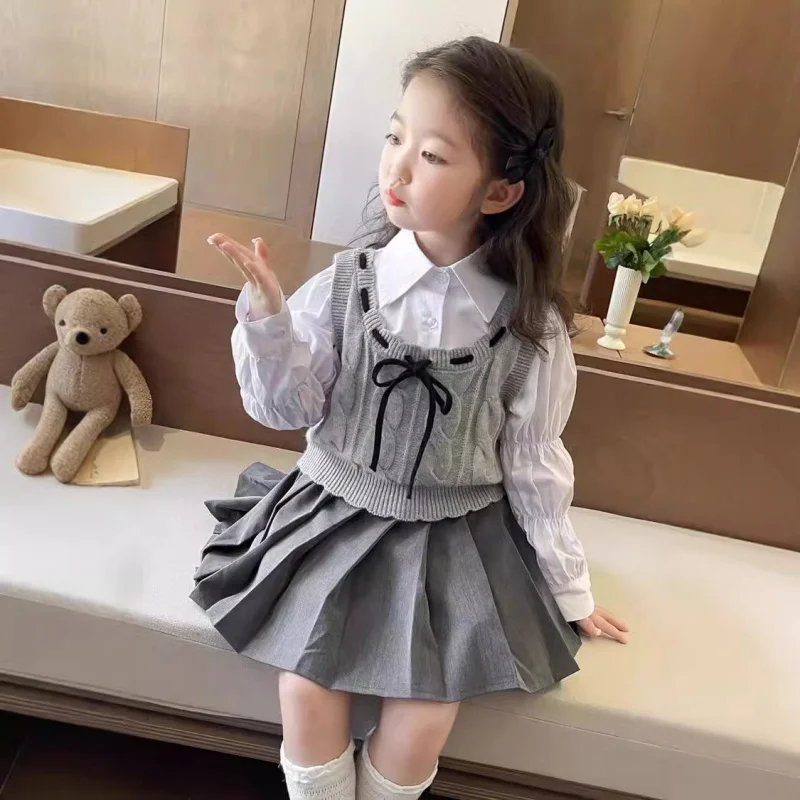 Hnq-Children's Sweet Three-Piece Set Girls' Preppy Style Suit3-8Children's Clothing One Piece Dropshipping