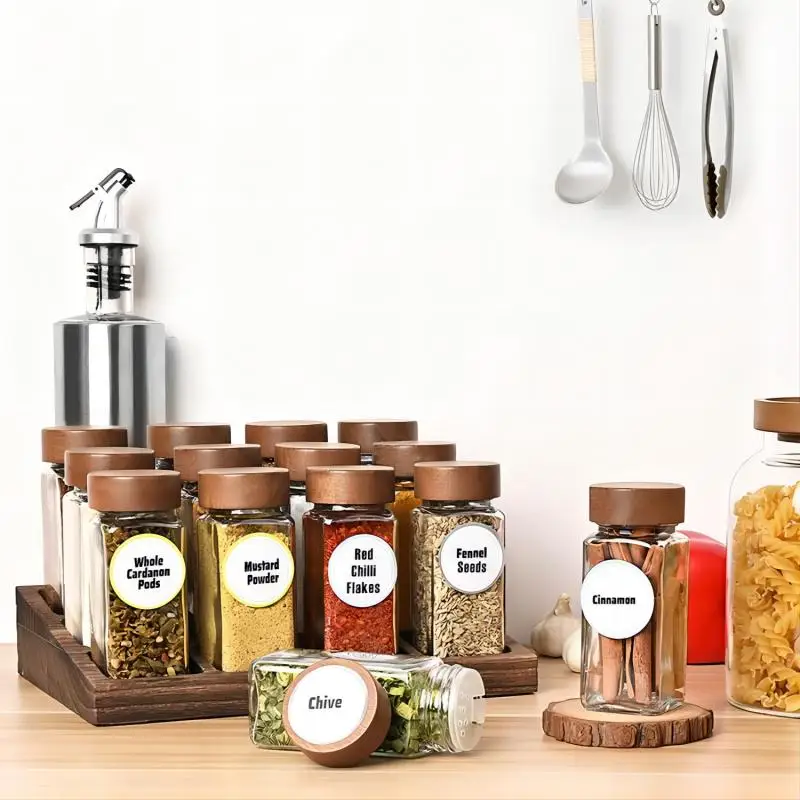 5pcs 120ml Wholesale Acacia Wood Cover Square Glass Jars Kitchen Seasoning Bottle Table Salt Flavor Herb & Spice Tools