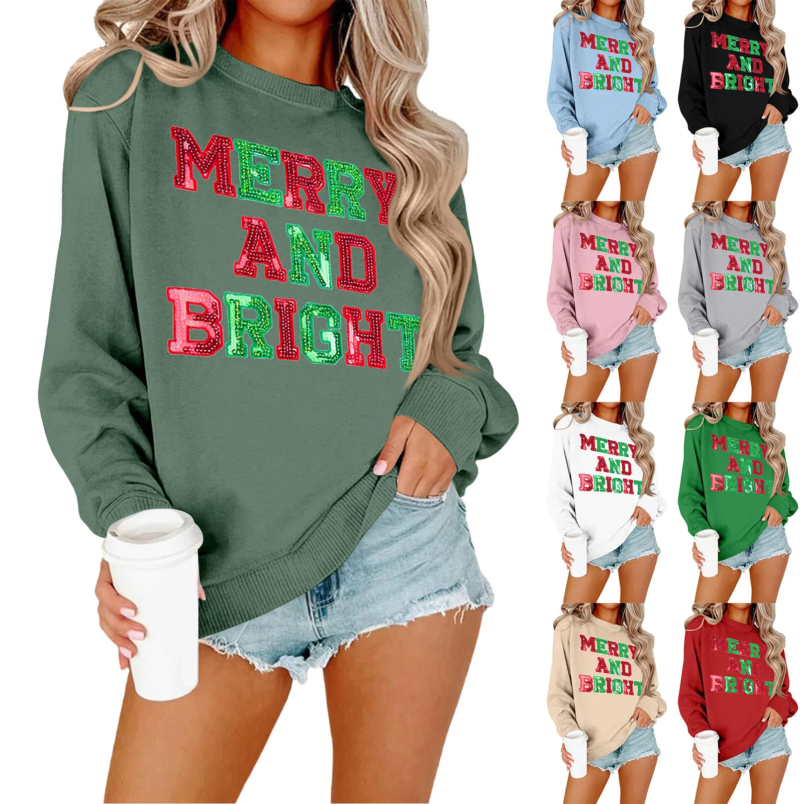 Damska modna, codzienna bluza z długim rękawem, luźny krój, świąteczny nadruk, okrągły dekolt, odzież damska.