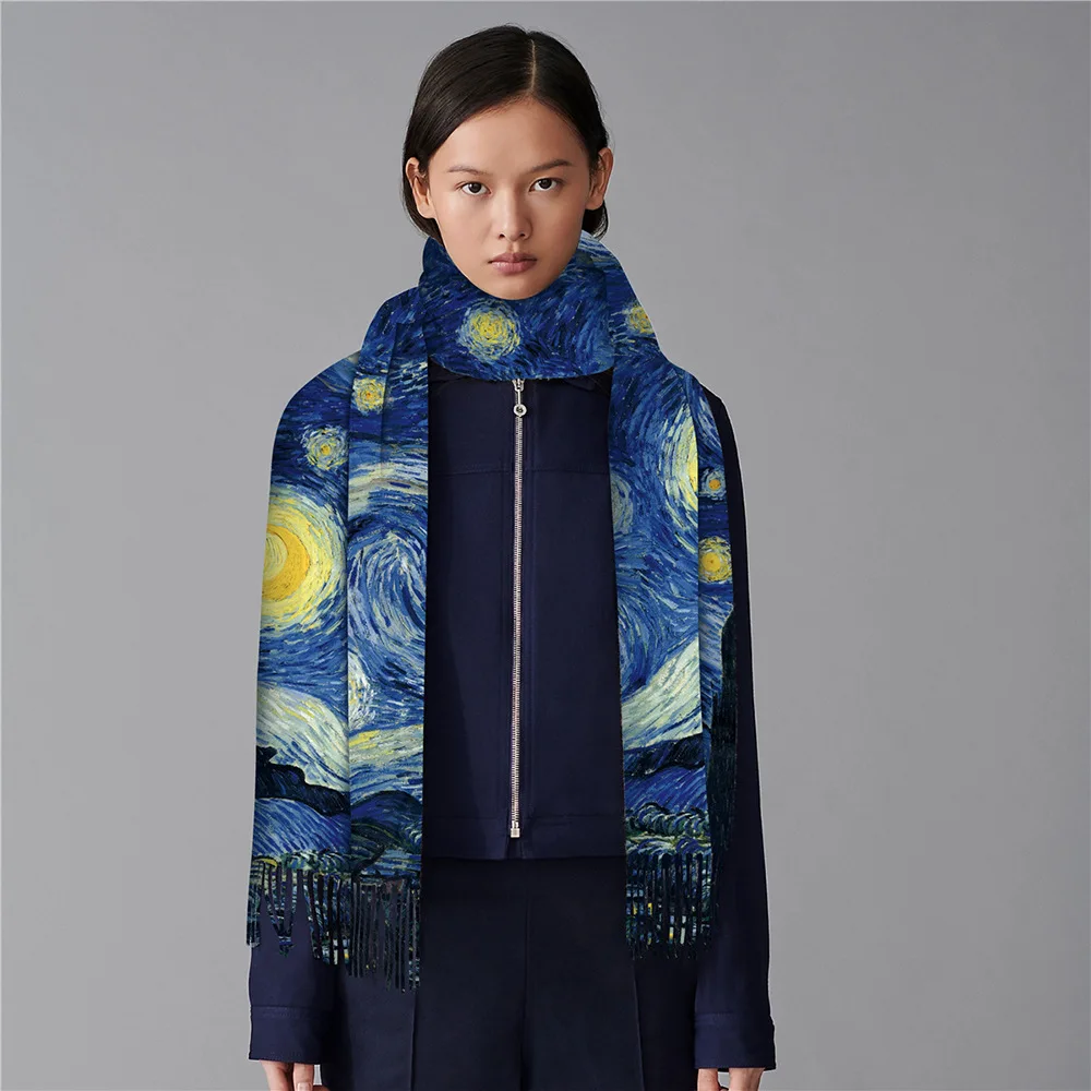 

Зимняя мода, универсальный Ван Гог, картина маслом, серия звездного неба, женский длинный шарф с имитацией кашемира, теплая шаль для мамы
