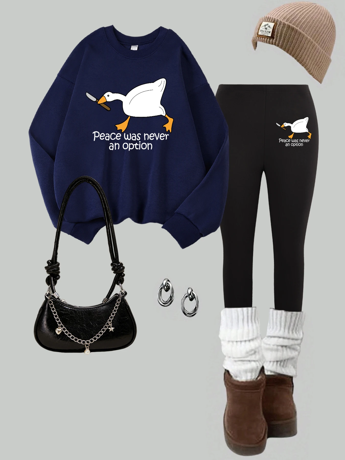 Peace Was Never An Option Duck Print Sweatshirt Set Women O-Neck Autumn Pullover Loose Streetwear Warm Fleece Leggings Sets