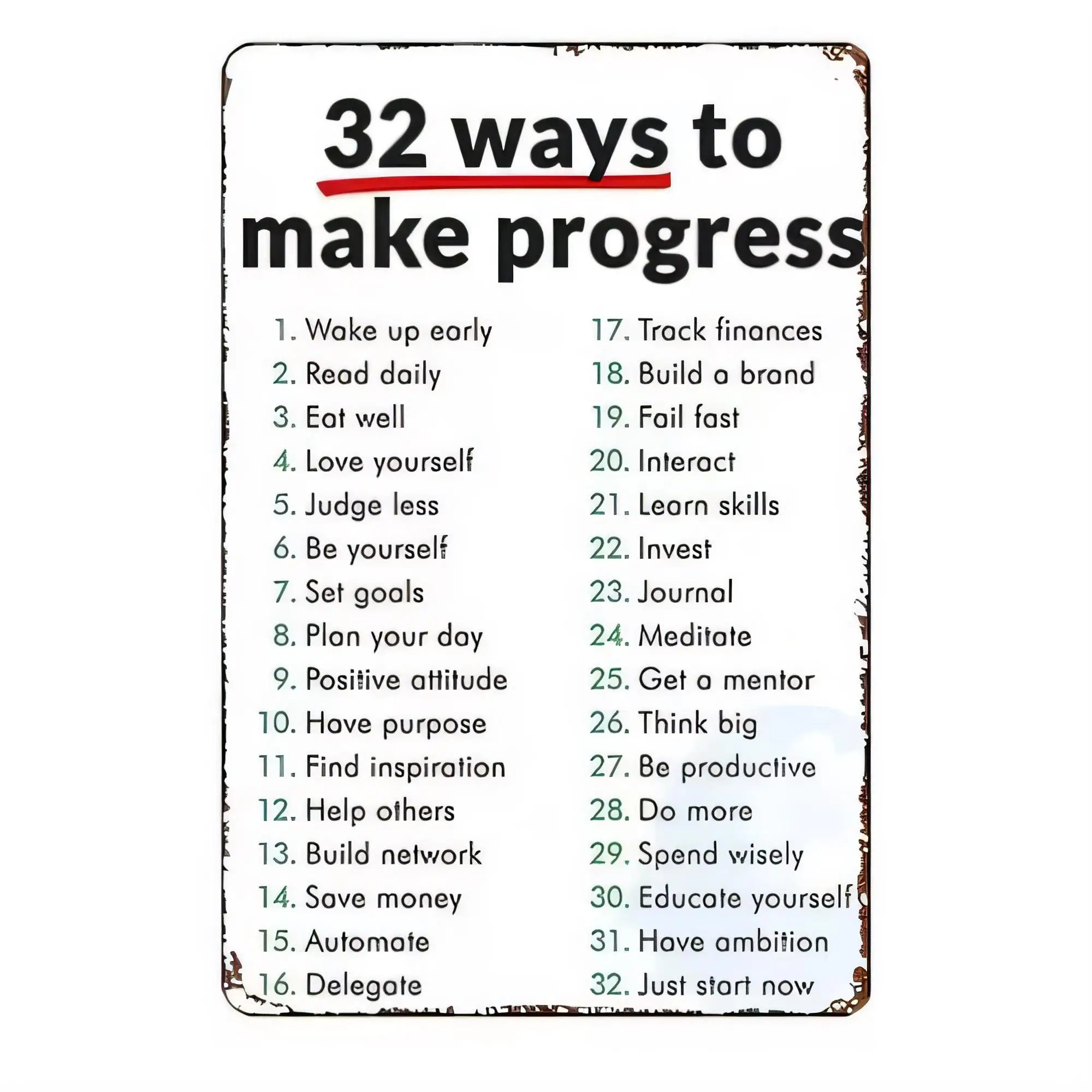 Tin Sign 32 Ways to Make Progress Vintage Wall Art Metal Poster Inspirational Quote Sign for Home Office Gym Study Room Decor, R