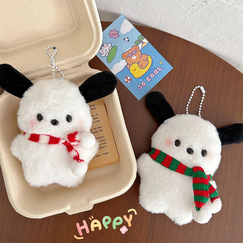 LLavero de peluche de Pochacco de Navidad, juguete Kawaii, bufanda Sanrio, cachorro, muñeco de peluche, colgante, llavero de coche, mochila, decoración de bolsa