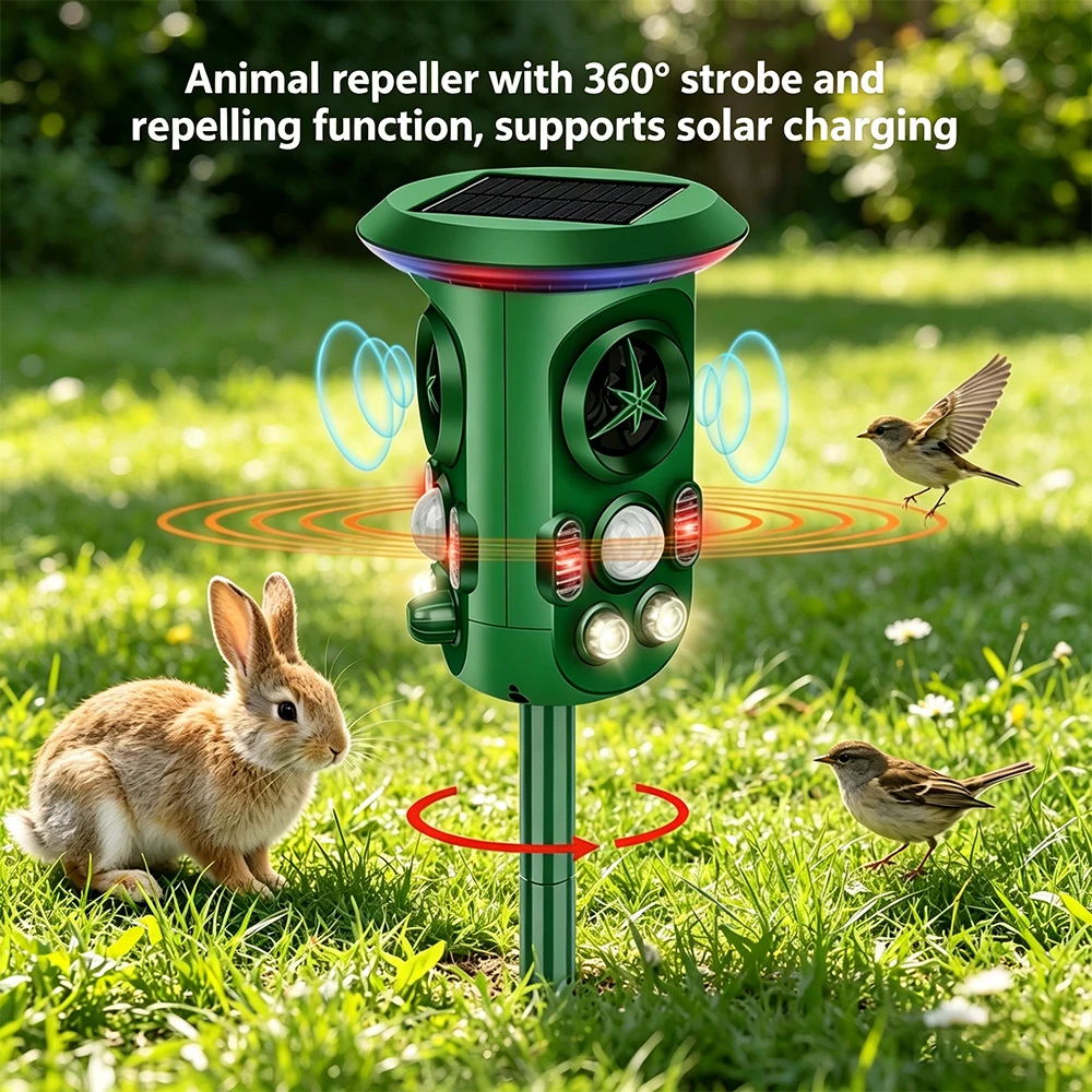 Solarbetriebener Ultraschall-Tiervertreiber mit 360°-Schutz °   Stroboskop-Lichtgerät zur Schädlingsabwehr für Garten, Hof und Farm