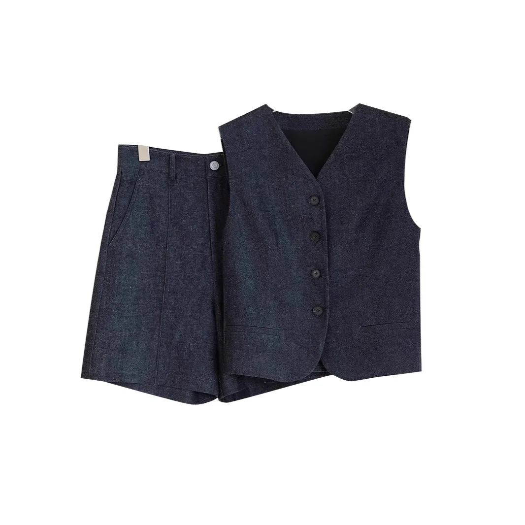 Imitation Denim Fabric And Vest Shorts Women Two Pieces Sets Suits Summer Fashion Sleeveless Vest Breathable Half Length Pants