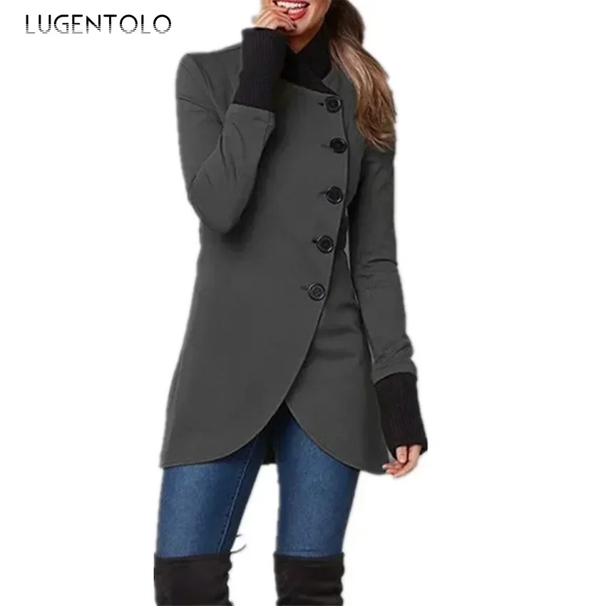 Women Autumn Jackets Long Sleeve Solid Single-breasted Splicing Hem Split Fork Slim Female Casual Lapel Coat Available 4XL