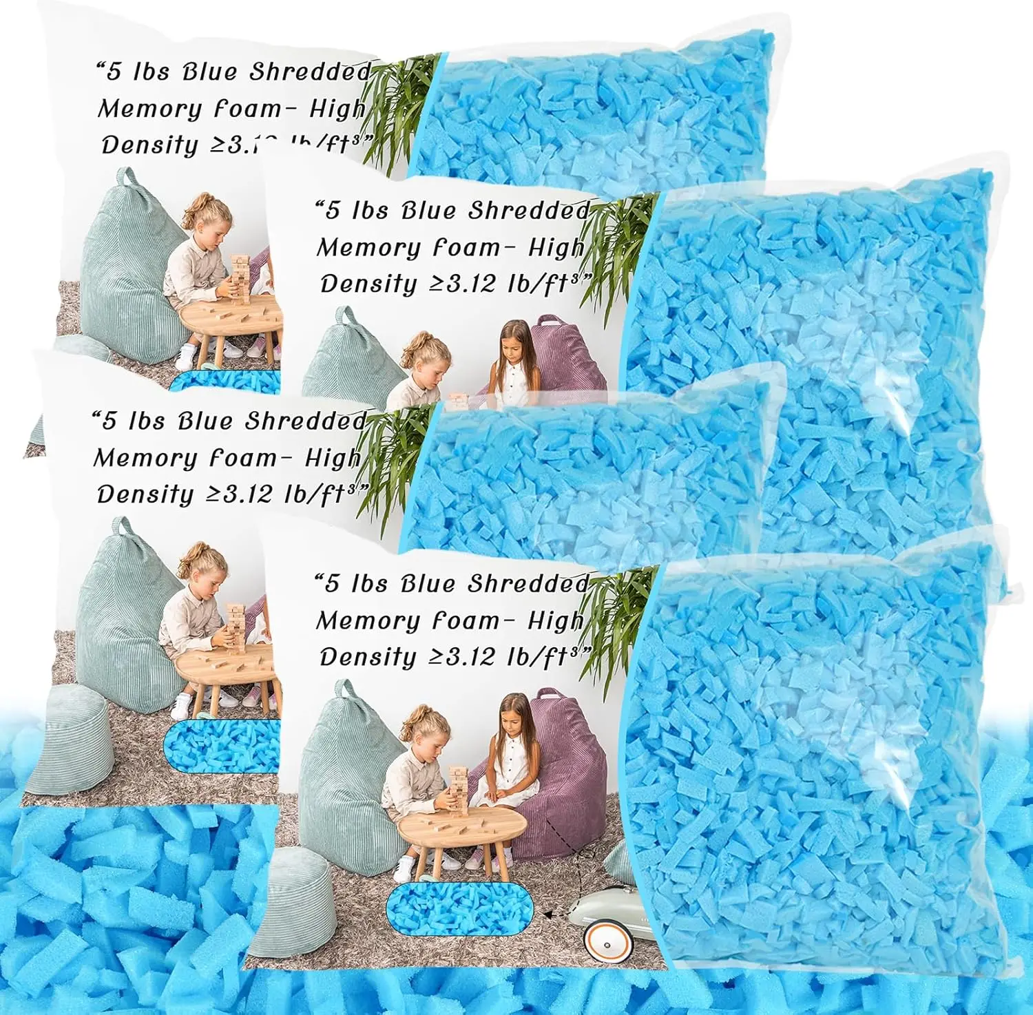 20lbs Shredded Memory Foam Filler for Bean Bag Chairs, High Density ≥3.12 lb/ft³, Non-Toxic, Hypoallergenic, Blue