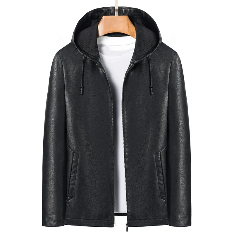 

Casual Dad Motorcycle Leather Jacket Upscale M-5XL 2025 High Quality Hooded Leather Fashion Handsome Trend Solid Color
