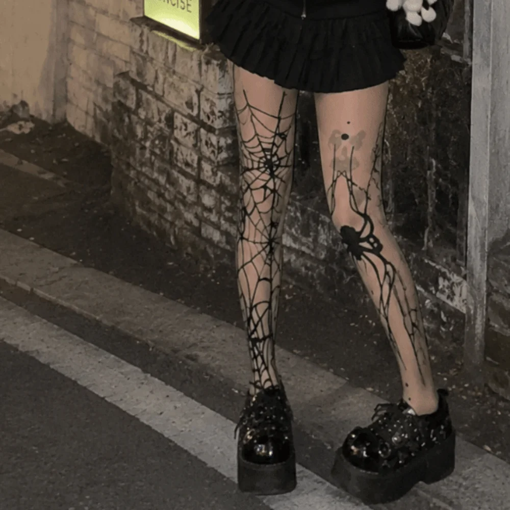 Emo Style High Waist Halloween Pantyhose Elasticity Witch Pantyhose Bat Pattern Tights Spider Web Gothic Stockings Cyber Punk