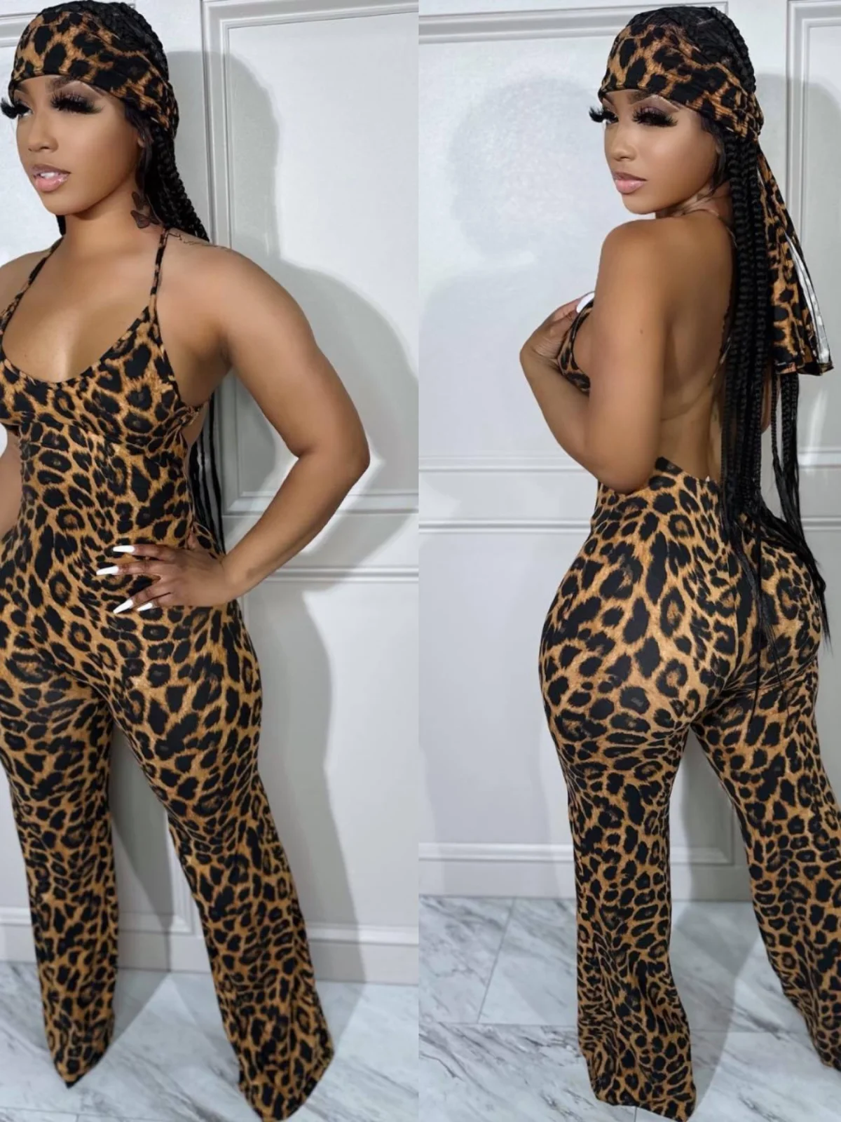 

Casual Leopard Print Jumpsuit Women's Strapl Long Pants Leisure Polyester Fabric mid Waist Summer 2023 Faion Sle