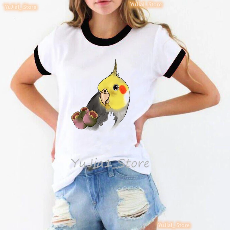 Rainbow Cockatiel Parrot Print T Shirt Women'S Clothing Funny White Tshirt Femme Kawaii Birds Tshirt Female Harajuku Shirt