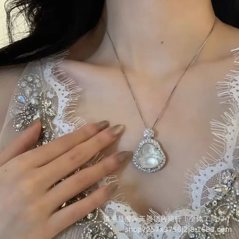 High-quality translucent white chalcedony pendant with silver plating, featuring Laughing Buddha agate and Maitreya Buddha, avai