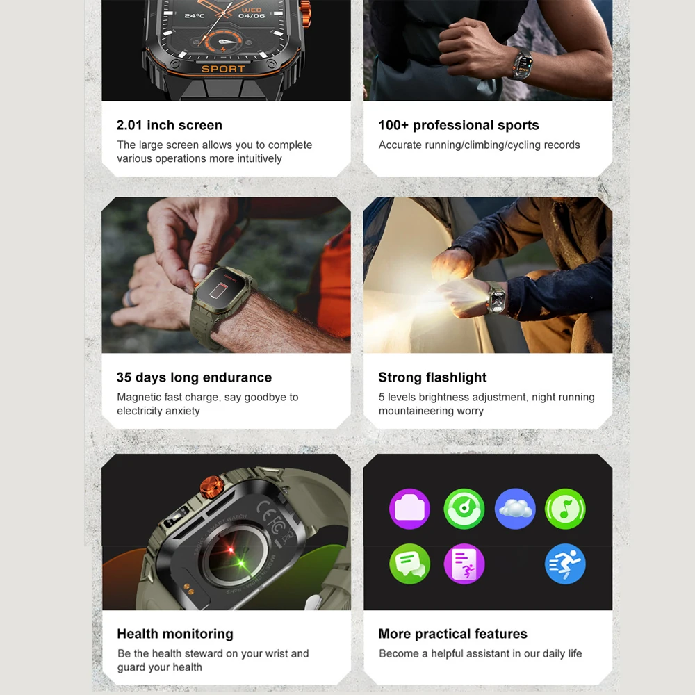 Модные уличные мужские спортивные умные часы для фитнеса IP68, водонепроницаемые, пульсометр, сильный свет, фонарик, погода, умные часы, музыка