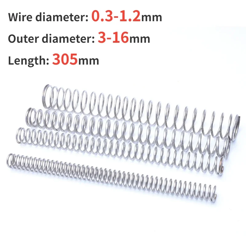 1 szt. Długość 305mm 304 sprężyna dociskowa ze stali nierdzewnej sprężyna powrotna średnica drutu stalowego 0,3-1,2mm średnica zewnętrzna 3-16mm