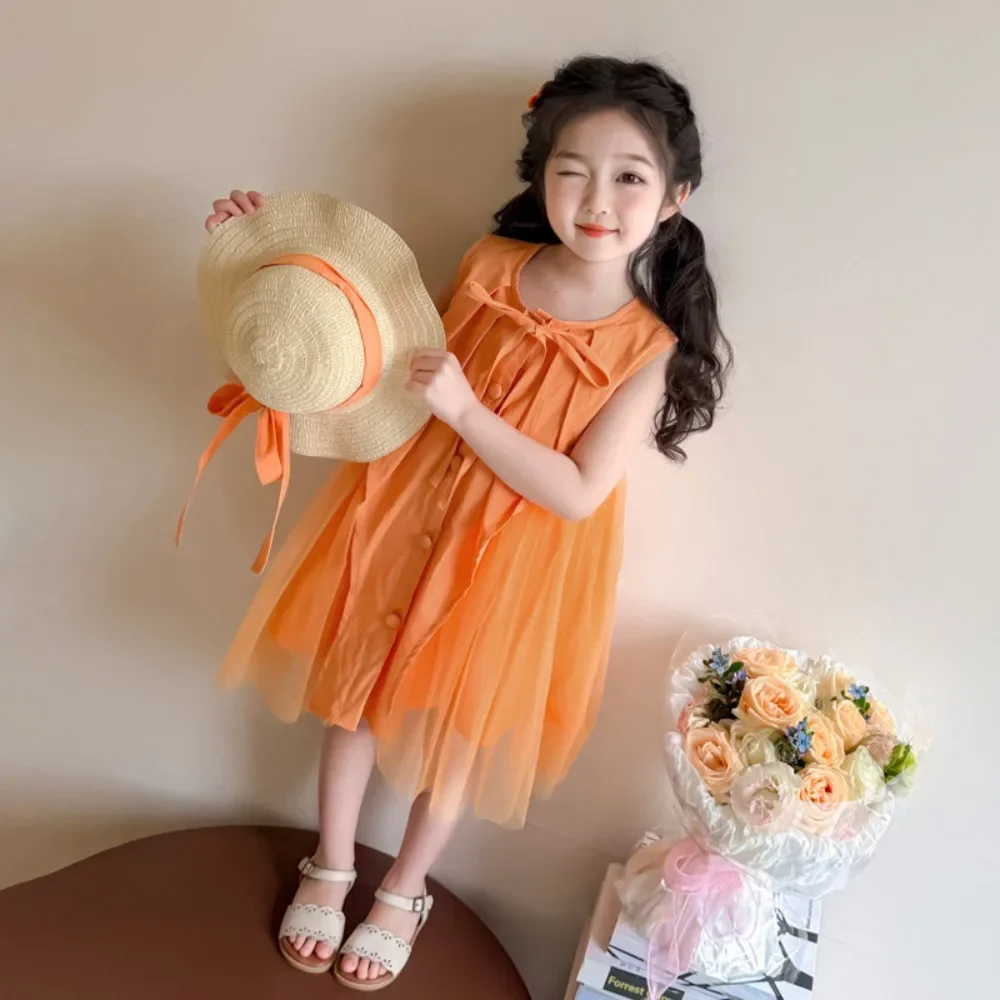 Summer New Solid Color Mesh Princess Dress Girls' Casual Clothes Vacation Daily Wear Children Aged 4-8 Korean Version Fashion