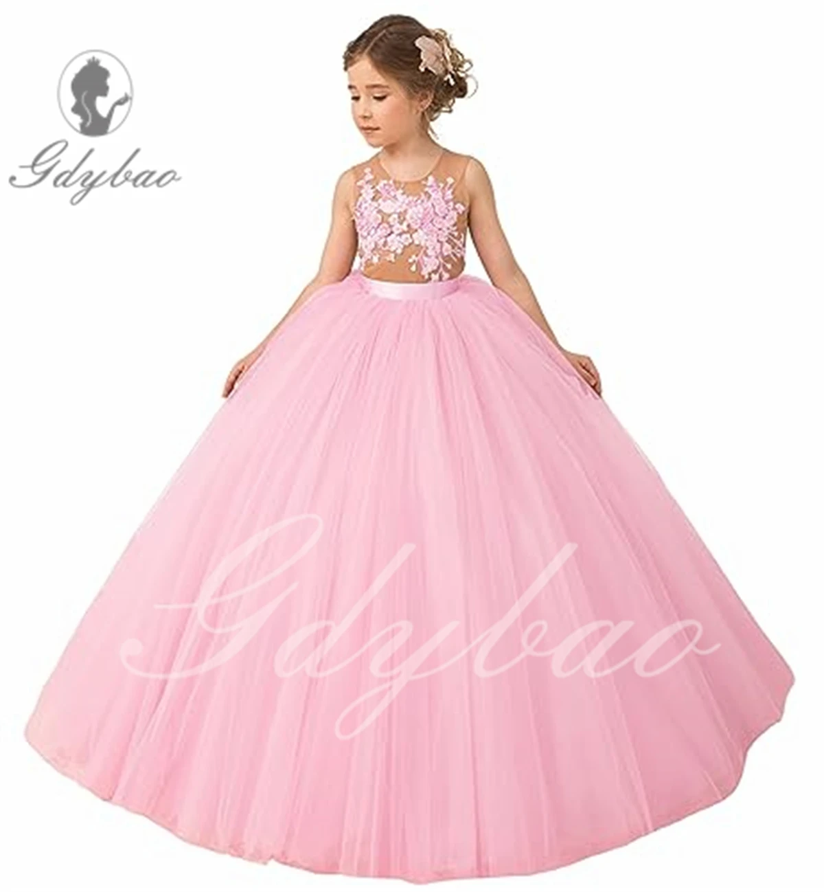 

Pink Tulle Flower Girl Dress For Wedding Applique Ruffles Floor Length Puffy Kids Birthday First Communion Princess Ball Gowns