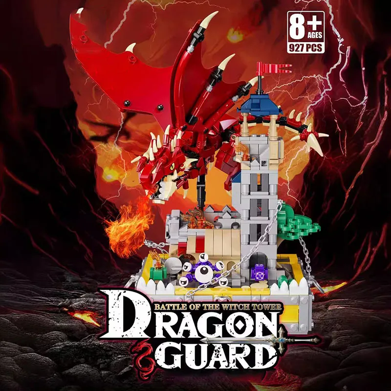 MOC 927pcs Dragon With Treasure Building  Blocks Set DIY Battle Of The Witch Tower Dragon Guard Bricks Toys For Children Gifts