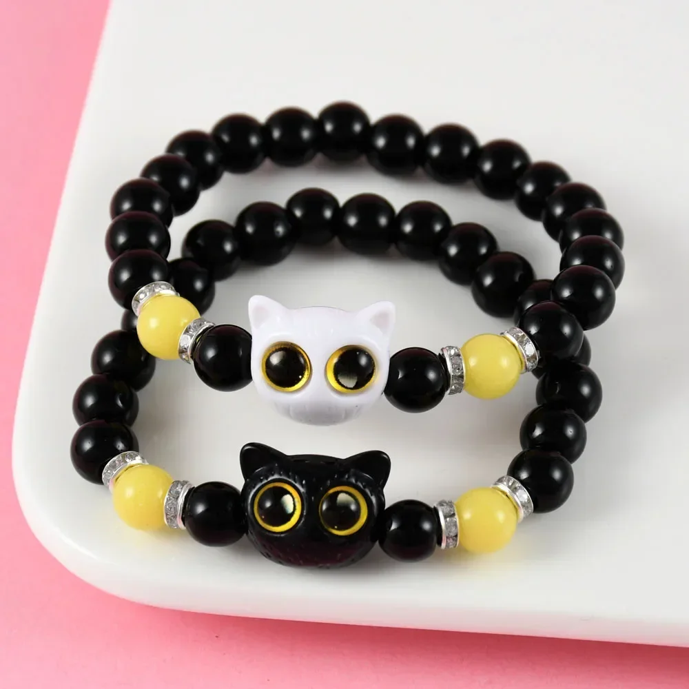 2Pcs/set Cute Big Eye Cat Luminous Bracelets For Girls Cartoon Animal Beaded Hand Chain Friendship Couple Bracelet Jewelry Gift