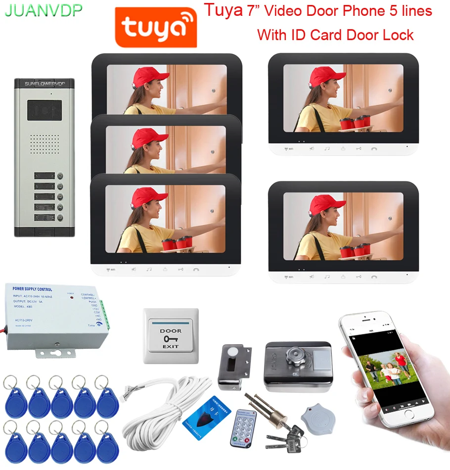 

5 Lines Apartments Home Intercom with Rfid Access Control Lock Call 5 Buttons Video Door Phone Tuya 7Inches Wifi Monitor