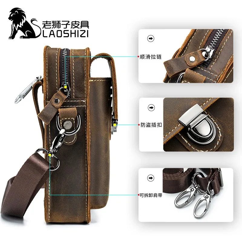 LAOSHIZI-Bolso de piel de Caballo loco para hombre, monedero de cuero genuino, multifuncional, hombro pequeño, bandolera de ocio, bolso para teléfono móvil