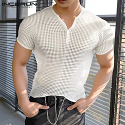 2024 Men's T Shirt Plaid V Neck Short Sleeve Casual Tee Tops Men Streetwear Fitness Transparent Fashion Camisetas S-5XL INCERUN